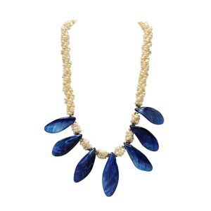 Blue White Pearl Shell Necklace With Leaf Design Pendant Gold-Tone Accents 20"